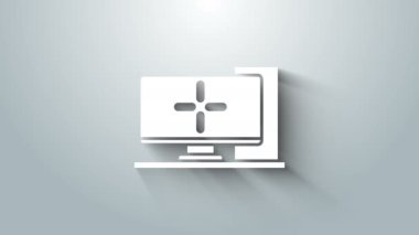 Gri arkaplanda beyaz bilgisayar izleme simgesi izole edildi. Bilgisayar bileşeni işareti. 4K Video hareketli grafik canlandırması