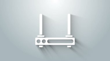 Beyaz Yönlendirici ve Wi-Fi sinyal simgesi gri arkaplanda izole edilmiş. Kablosuz ethernet modem yönlendirici. Bilgisayar teknolojisi interneti. 4K Video hareketli grafik canlandırması