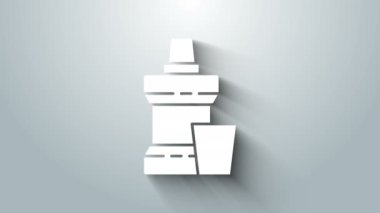 Beyaz ağız gargarası plastik şişe ve gri arka planda izole edilmiş cam ikon. Ağzını çalkalamak için sıvı. Ağız bakım ekipmanları. 4K Video hareketli grafik canlandırması