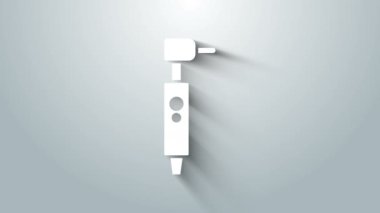 Beyaz Diş sondaj simgesi gri arkaplanda izole edildi. Delme ve öğütme aletleri için el işi. 4K Video hareketli grafik canlandırması