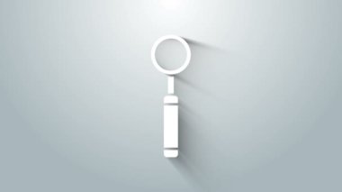 Beyaz Diş Teftişi ayna simgesi gri arkaplanda izole edildi. Diş muayenesi. 4K Video hareketli grafik canlandırması