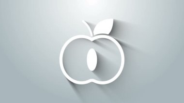 Beyaz Elma simgesi gri arkaplanda izole edildi. Yaprak sembollü meyve. 4K Video hareketli grafik canlandırması