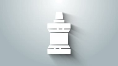 Beyaz ağız gargarası plastik şişe simgesi gri arkaplanda izole edilmiş. Ağzını çalkalamak için sıvı. Ağız bakım ekipmanları. 4K Video hareketli grafik canlandırması