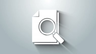 Gri arkaplanda arama simgesine sahip beyaz belge. Dosya ve büyüteç simgesi. Analitik araştırma işareti. 4K Video hareketli grafik canlandırması