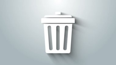 Beyaz Çöp Kutusu simgesi gri arkaplanda izole edildi. Çöp kutusu tabelası. Sepet simgesini geri dönüştür. Ofis çöpü ikonu. 4K Video hareketli grafik canlandırması