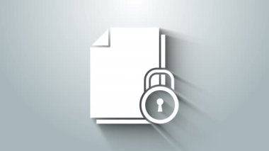 Beyaz Belge ve kilit simgesi gri arkaplanda izole edildi. Dosya biçimi ve asma kilit. Güvenlik, güvenlik, koruma kavramı. 4K Video hareketli grafik canlandırması