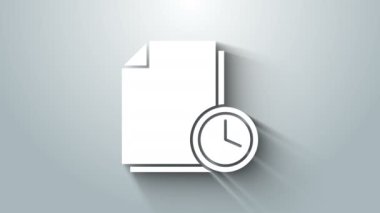 Gri arkaplanda saat simgesine sahip beyaz belge. Belge ve geri sayım, teslim tarihi, program, planlama sembolü. 4K Video hareketli grafik canlandırması