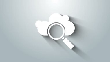 Beyaz Arama Bulut hesaplama simgesi gri arkaplanda izole edildi. Büyüteç ve bulut. 4K Video hareketli grafik canlandırması