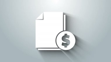 Beyaz Finans belgesi simgesi gri arkaplanda izole edildi. Fatura ya da fatura konsepti için dolar sikkesi olan kağıt banka belgesi. 4K Video hareketli grafik canlandırması