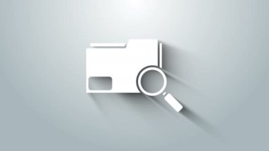 Gri arkaplanda dizin simgesine sahip Beyaz Arama kavramı izole edildi. Büyüteç ve belge. Veri ve bilgi işareti. 4K Video hareketli grafik canlandırması