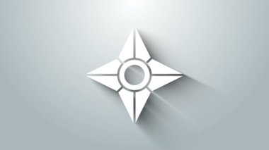 Beyaz Japon ninja shuriken simgesi gri arkaplanda izole edildi. 4K Video hareketli grafik canlandırması