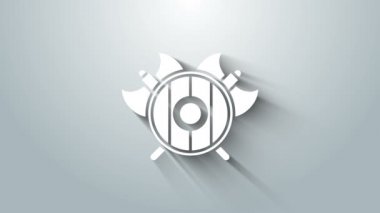 Gri arka planda çapraz balta simgesi olan beyaz ortaçağ kalkanı. Savaş baltası, cellat baltası. 4K Video hareketli grafik canlandırması