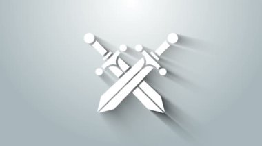 Beyaz Haç Ortaçağ kılıç simgesi gri arka planda izole edilmiş. 4K Video hareketli grafik canlandırması