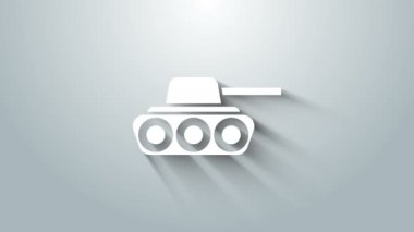 Gri arka planda beyaz askeri tank ikonu izole edildi. 4K Video hareketli grafik canlandırması