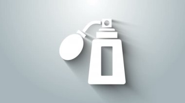 Gri arka planda izole edilmiş beyaz tıraş losyonu şişesi. Parfüm spreyi ikonu. Erkek parfüm şişesi. 4K Video hareketli grafik canlandırması
