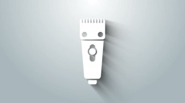 Gri arkaplanda beyaz elektrikli saç kırpma makinesi ya da traş ikonu var. Berber dükkanı sembolü. 4K Video hareketli grafik canlandırması