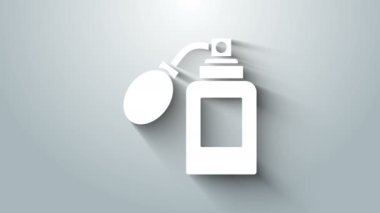 Gri arka planda izole edilmiş beyaz tıraş losyonu şişesi. Parfüm spreyi ikonu. Erkek parfüm şişesi. 4K Video hareketli grafik canlandırması