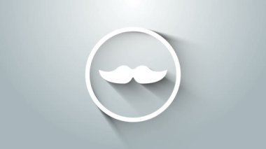 Beyaz Bıyık simgesi gri arkaplanda izole edildi. Berber dükkanı sembolü. Yüz kılı stili. 4K Video hareketli grafik canlandırması