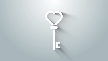 Gri arkaplanda izole edilmiş kalp şeklindeki beyaz anahtar. 4K Video hareketli grafik canlandırması