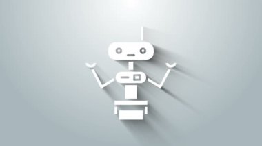 Beyaz Robot simgesi gri arkaplanda izole edildi. 4K Video hareketli grafik canlandırması