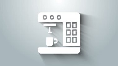 Gri arkaplanda beyaz kahve makinesi simgesi var. 4K Video hareketli grafik canlandırması