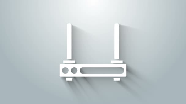 Roteador branco e ícone de símbolo de sinal wi-fi isolado no fundo cinza. Roteador de modem sem fio ethernet. Internet de tecnologia de computador. Animação gráfica em movimento de vídeo 4K — Vídeo de Stock