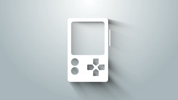 Icono de consola de videojuegos portátil blanco aislado sobre fondo gris. Señal de mando. Concepto de juego. Animación gráfica de vídeo 4K — Vídeos de Stock