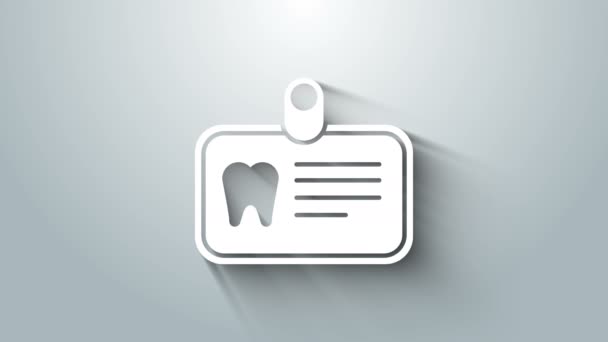 Scheda Id bianca con icona del dente isolata su sfondo grigio. Animazione grafica 4K Video motion — Video Stock