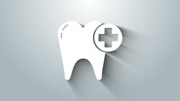 Το λευκό εικονίδιο των δοντιών απομονώνεται σε γκρι φόντο. Δόντι σύμβολο για την οδοντιατρική κλινική ή οδοντιατρείο ιατρικό κέντρο και οδοντόπαστα πακέτο. 4K Γραφική κίνηση κίνησης βίντεο — Αρχείο Βίντεο