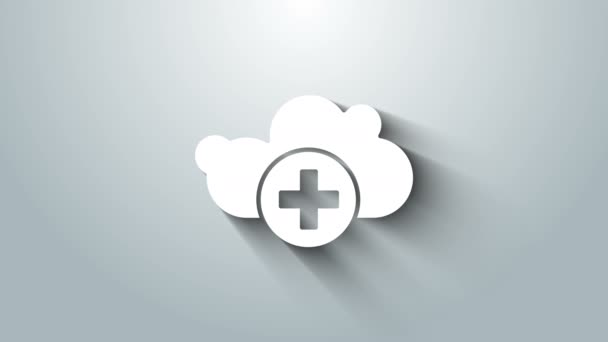 Weiß Wolkensymbol auf grauem Hintergrund hinzufügen. Datenspeicherung in der Cloud. 4K Video Motion Grafik Animation — Stockvideo