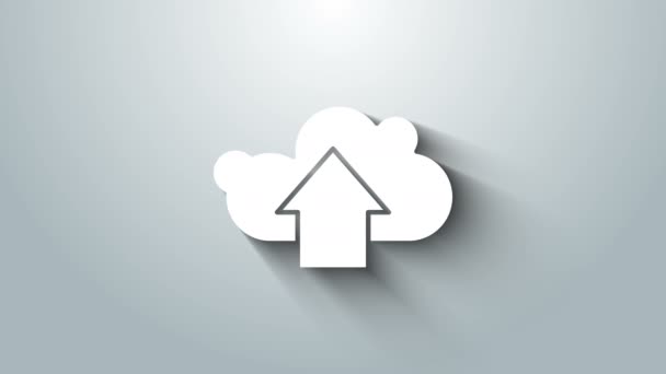 White Cloud Upload Icon isoliert auf grauem Hintergrund. 4K Video Motion Grafik Animation — Stockvideo