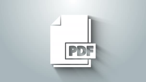 ホワイトPDFファイル文書。灰色の背景に隔離されたPDFボタンアイコンをダウンロードします。PDFファイルのシンボル。4Kビデオモーショングラフィックアニメーション — ストック動画