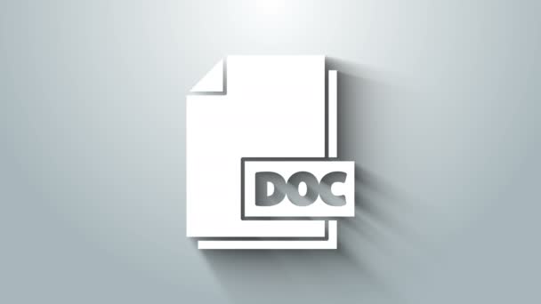 Het document van het witte document. Download doc knop pictogram geïsoleerd op grijze achtergrond. DOC-bestandsextensie symbool. 4K Video motion grafische animatie — Stockvideo