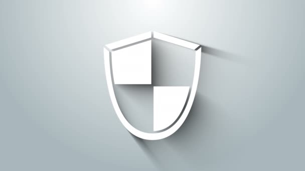 Vit sköld ikon isolerad på grå bakgrund. Vakttecken. Säkerhet, skydd, integritetskoncept. 4K Video motion grafisk animation — Stockvideo