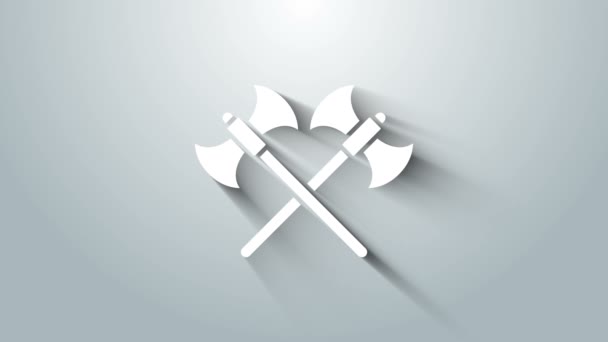 White Crossed medieval axes icon isolated on grey background. Battle axe, executioner axe. 4K Video motion graphic animation — Stock Video