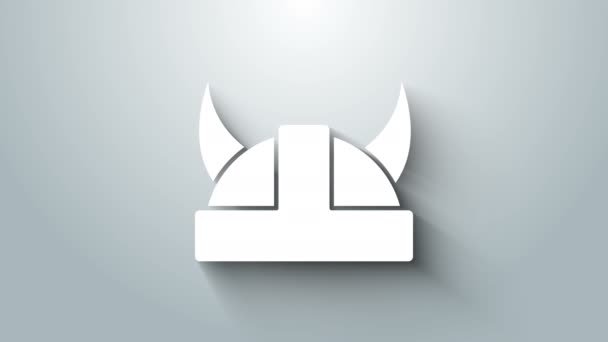 Beyaz Viking boynuzlu miğfer ikonu gri arka planda izole edildi. 4K Video hareketli grafik canlandırması — Stok video