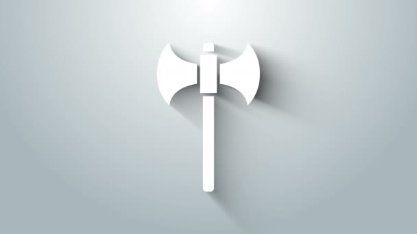 Ícone de machado medieval branco isolado em fundo cinza. Machado de batalha, machado carrasco. Animação gráfica em movimento de vídeo 4K — Vídeo de Stock