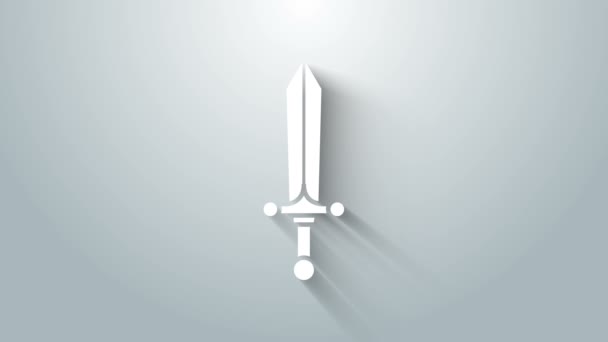 Witte middeleeuwse zwaard pictogram geïsoleerd op grijze achtergrond. 4K Video motion grafische animatie — Stockvideo