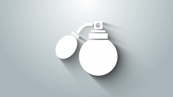 Frasco Aftershave branco com ícone atomizador isolado em fundo cinza. Ícone de spray de Colónia. Garrafa de perfume masculino. Animação gráfica em movimento de vídeo 4K — Vídeo de Stock