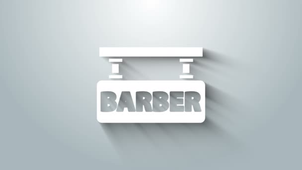 Icono de barbería blanca aislado sobre fondo gris. Logo de peluquería o letrero. Animación gráfica de vídeo 4K — Vídeos de Stock