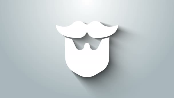 Białe wąsy i ikona brody odizolowane na szarym tle. Symbol zakładu fryzjerskiego. Fryzura na twarzy. 4K Animacja graficzna ruchu wideo — Wideo stockowe