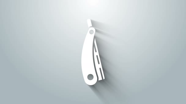 Biała, prosta ikona brzytwy odizolowana na szarym tle. Symbol zakładu fryzjerskiego. 4K Animacja graficzna ruchu wideo — Wideo stockowe