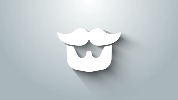 Białe wąsy i ikona brody odizolowane na szarym tle. Symbol zakładu fryzjerskiego. Fryzura na twarzy. 4K Animacja graficzna ruchu wideo — Wideo stockowe