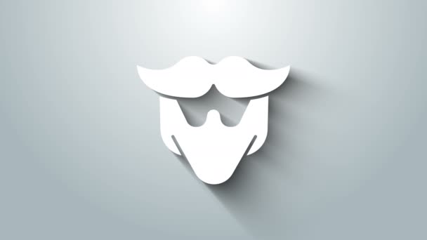 Icono de bigote blanco y barba aislado sobre fondo gris. Símbolo de barbería. Estilo de pelo facial. Animación gráfica de vídeo 4K — Vídeos de Stock