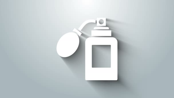Bottiglia dopobarba bianca con icona atomizzatore isolata su sfondo grigio. Icona spray di Colonia. Flacone di profumo maschile. Animazione grafica 4K Video motion — Video Stock