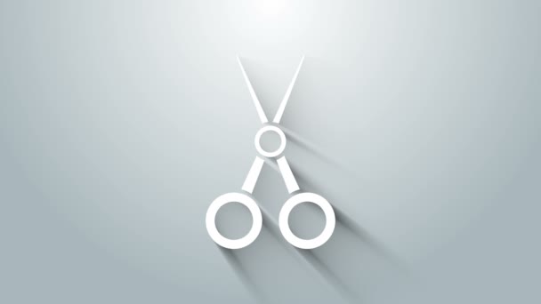 Tijeras blancas icono de peluquería aislado sobre fondo gris. Peluquería, salón de moda y letrero de barbero. Símbolo de barbería. Animación gráfica de vídeo 4K — Vídeos de Stock