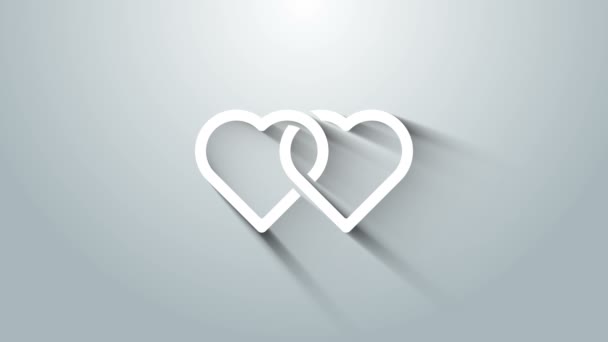 Fehér Két Összekapcsolt Szívek ikon elszigetelt szürke háttér. Romantikus szimbólum kapcsolódik, csatlakozzon, szenvedély és esküvő. Valentin nap. 4K Videó mozgás grafikus animáció — Stock videók