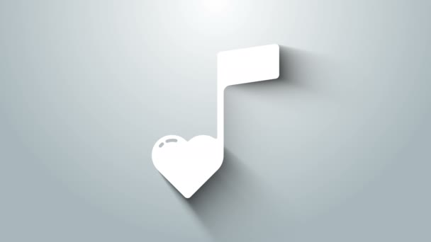 白色的音乐音符,色调与心脏图标隔离在灰色背景.情人节。4K视频运动图形动画 — 图库视频影像