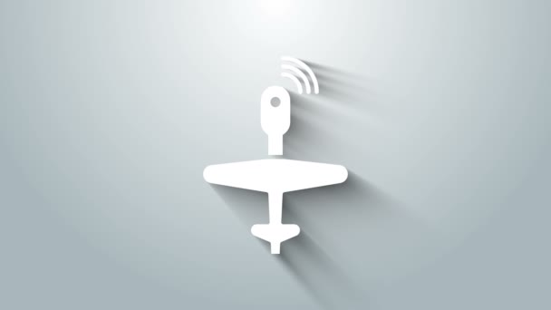 Icona drone UAV bianco isolato su sfondo grigio. Spia aerea militare senza equipaggio. Animazione grafica 4K Video motion — Video Stock