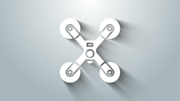 Icono volador Drone blanco aislado sobre fondo gris. Quadrocopter con video y el símbolo de la cámara fotográfica. Animación gráfica de vídeo 4K — Vídeo de stock